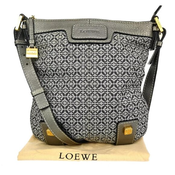 LOEWE Logo New Road Line Crossbody Shoulder Bag Canvas Leather Gray - Picture 1 of 16